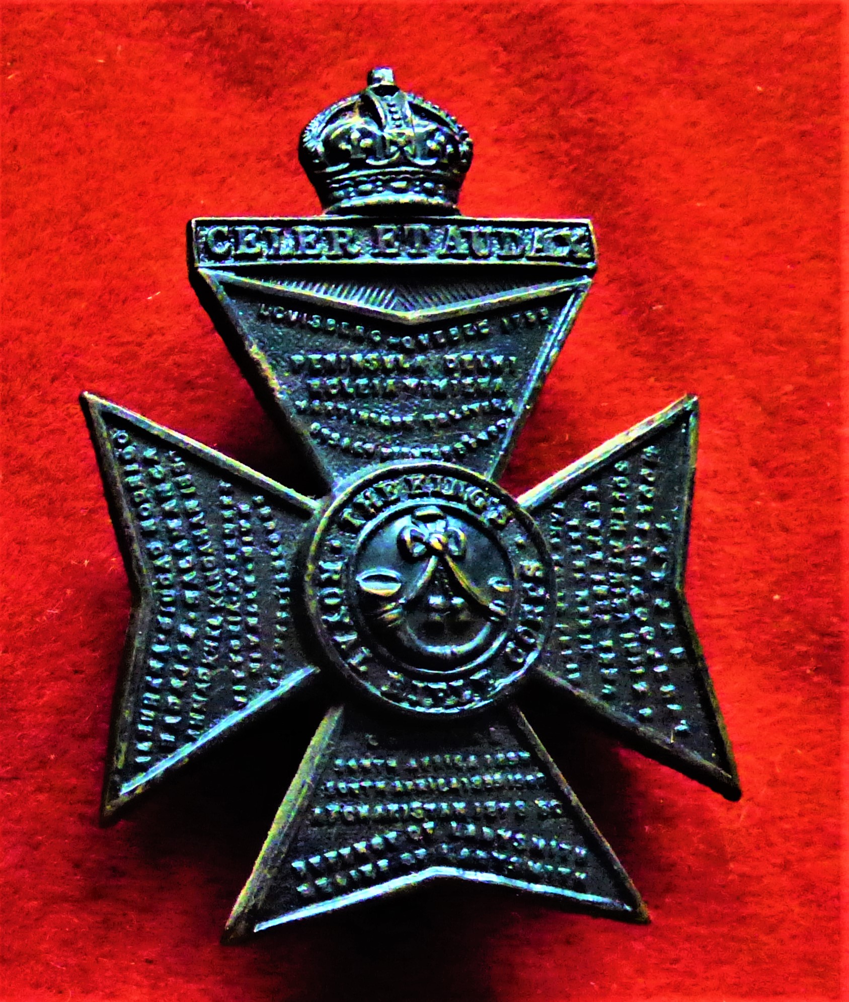 King's Royal Rifle Corps Forage Cap Badge (Blackened-brass), slider. K&K: 675