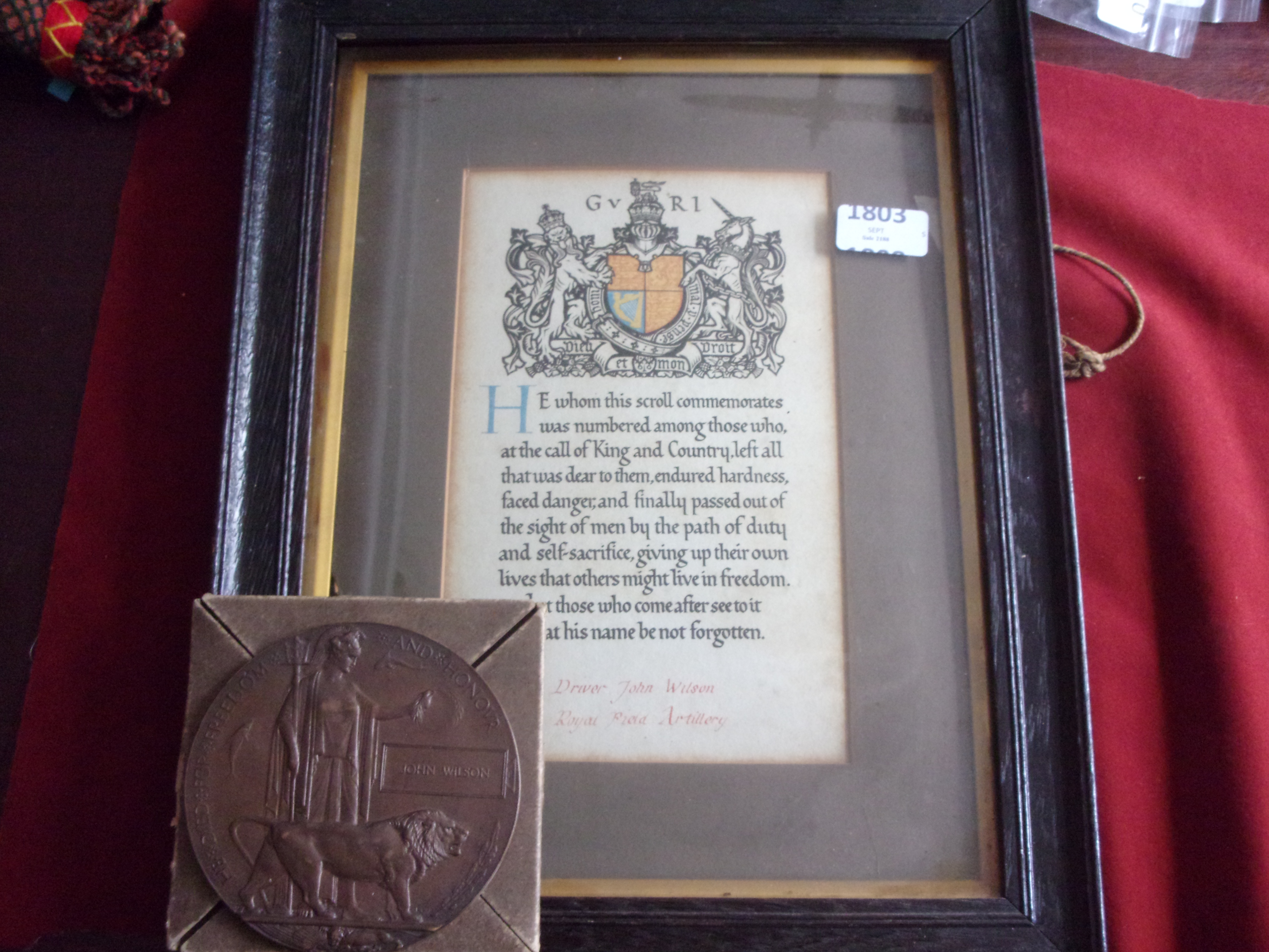 Death Plaque to Driver John Wilson, Royal Artillery with original cardboard case of posting and