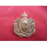 The 18th (Queen Mary's Own) Royal Hussars 1905-1910 Cap Badge (Brass), two lugs. K&K: 787