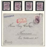 Russia 1913 SG135 25k claret x 4 used; Env registered St Petersburg 558 to Hannover 5.11.1913 cancel