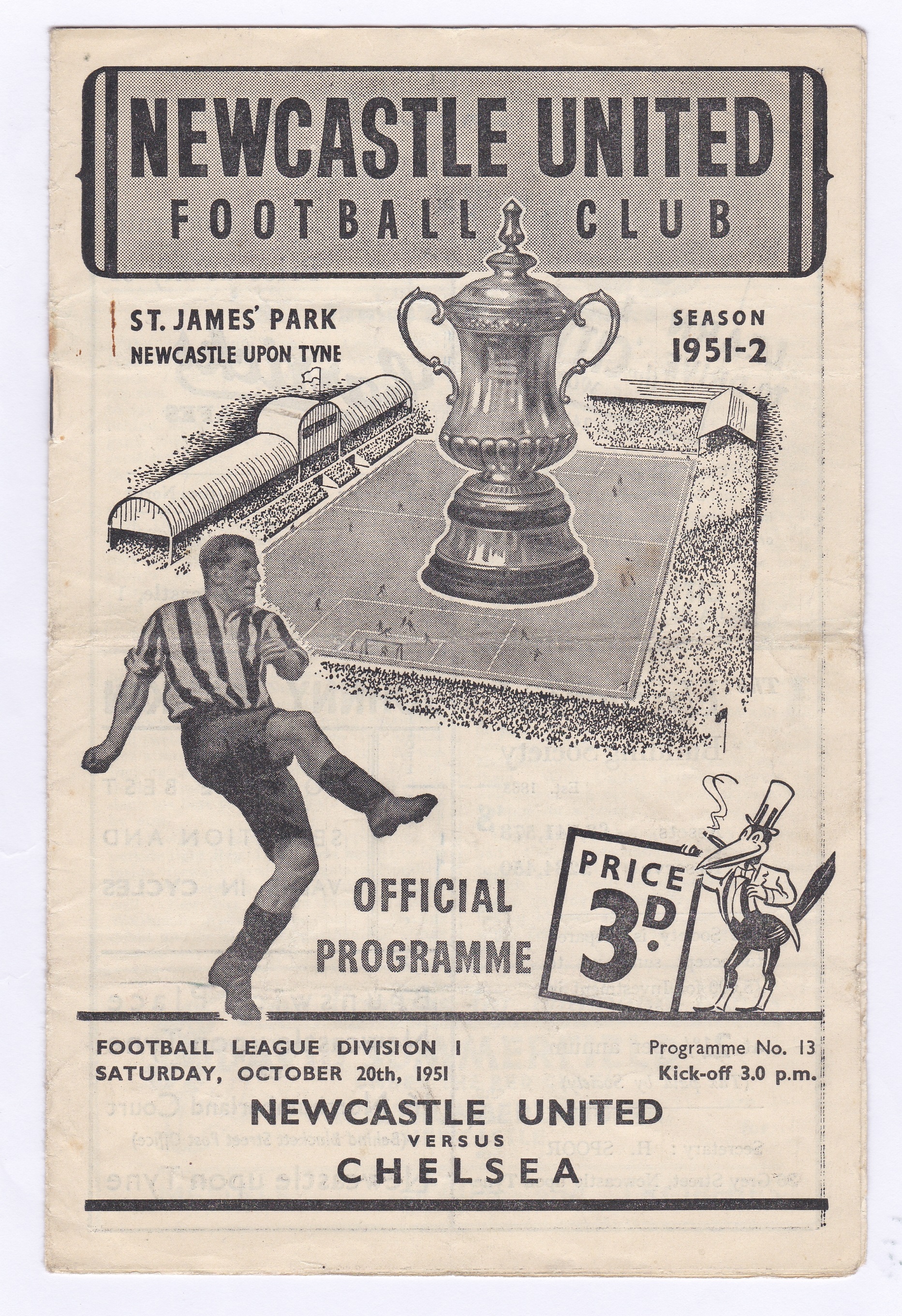 Newcastle v Chelsea 1951 20th October Football League Division 1 horizontal & vertical crease