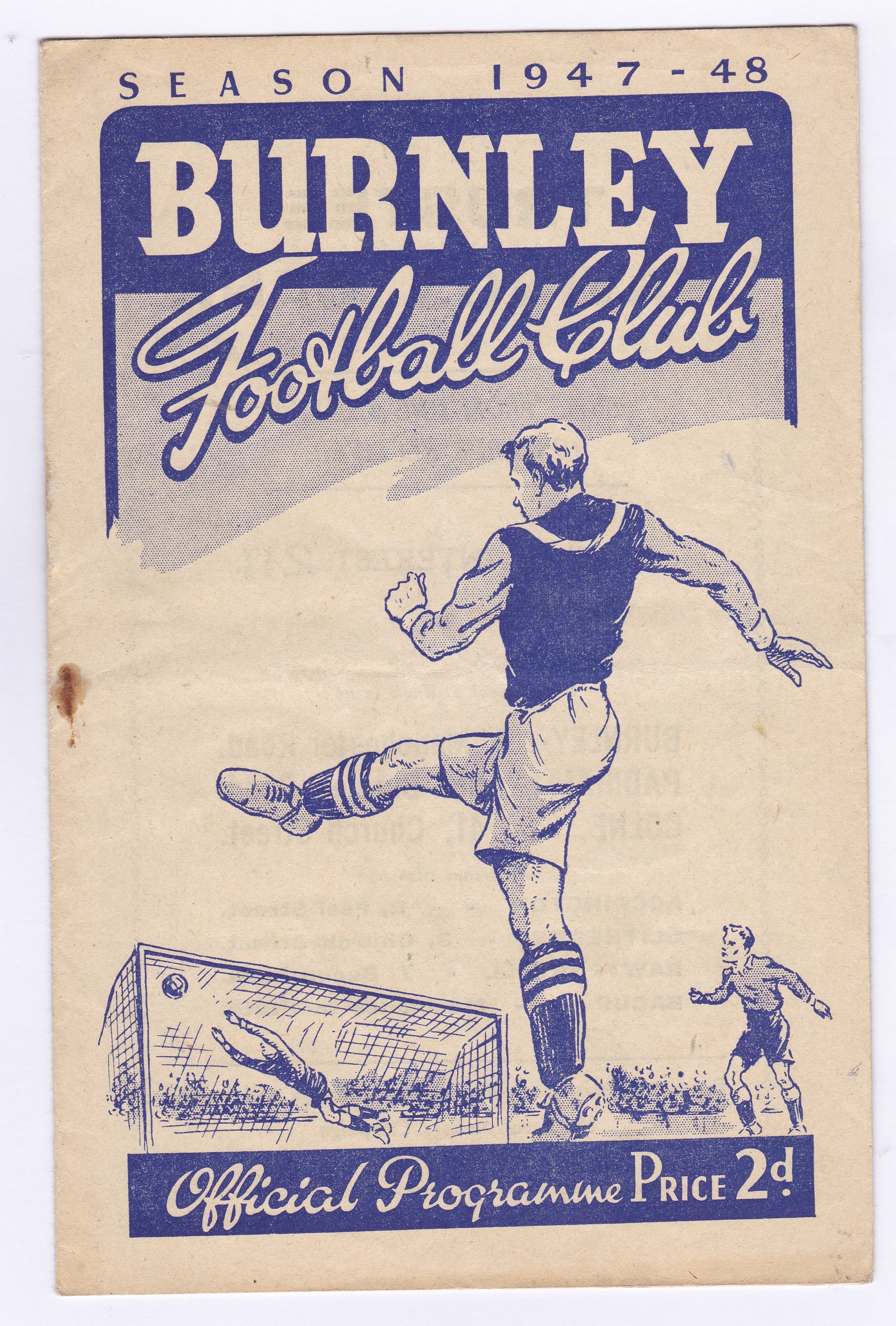 Burnley v Chelsea 1947 6th December horizontal & vertical creases rusty staple