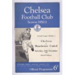 Chelsea v Manchester United 1950 11th November League Division 1 vertical crease team change in pen