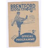 Brentford v Chelsea 1947 15th March League Division 1 vertical crease team change in pen