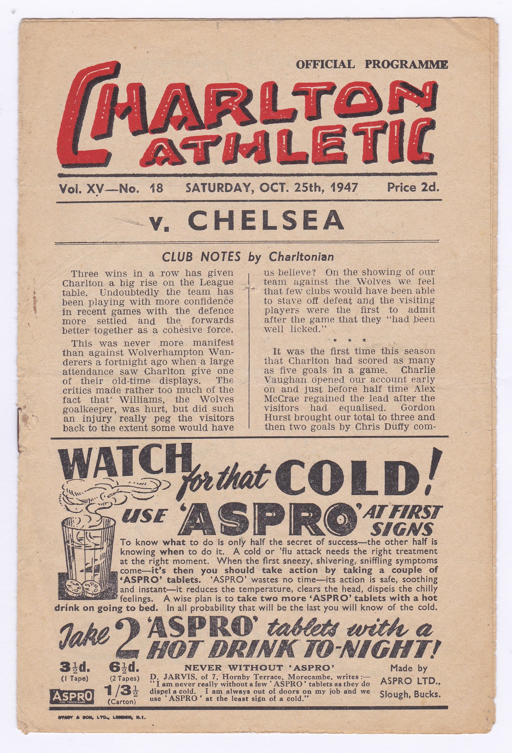 Charlton Athletic 1947 25th October League Division 1 score, team changes in pencil rusty staple