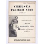 Chelsea v Huddersfield Town 1950 2nd September League Division 1 vertical crease score & team change