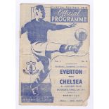 Everton v Chelsea 1947 12th April League Division 1 horizontal crease score in pencil staple rust