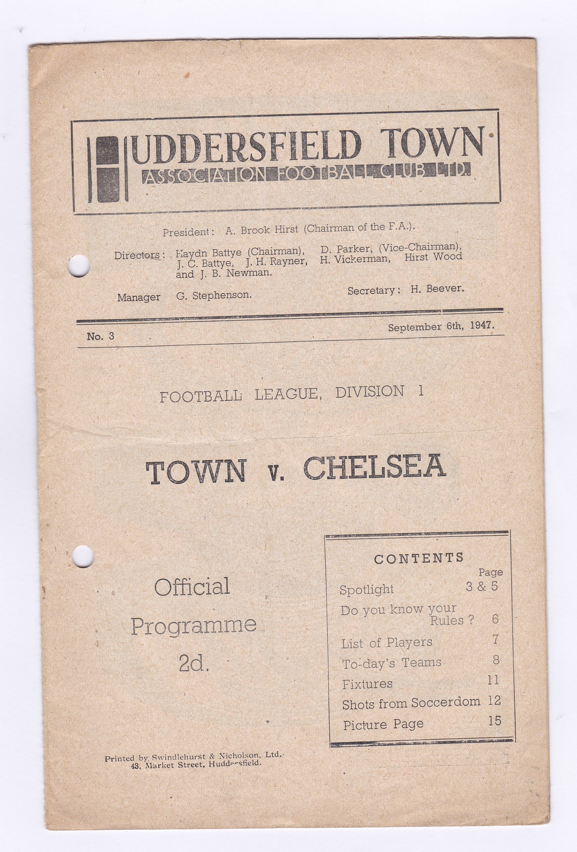 Huddersfield Town v Chelsea 1947 6th September League Division 1 horizontal & vertical creases