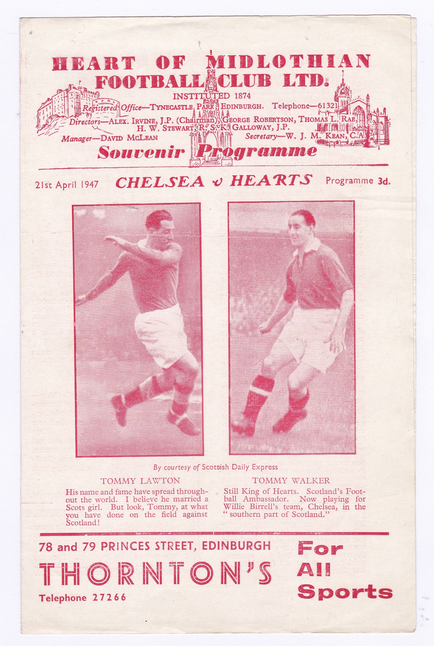 Heart of Midlothian Football Club Ltd 1947 21st April Souvenir Programme Friendly Chelsea v Hearts