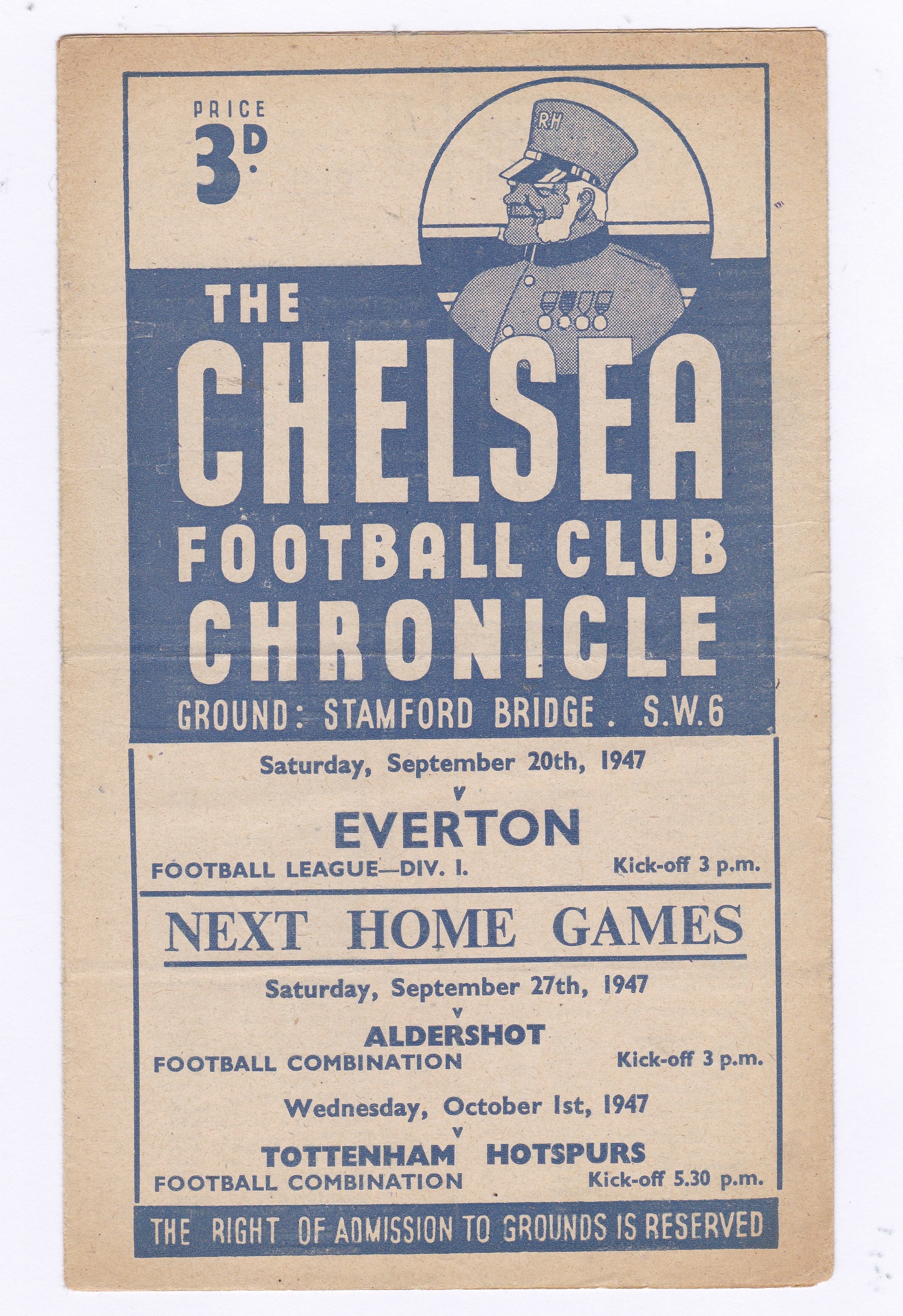 Chelsea v Everton 1947 20th September League Division 1 horizontal crease score in pencil