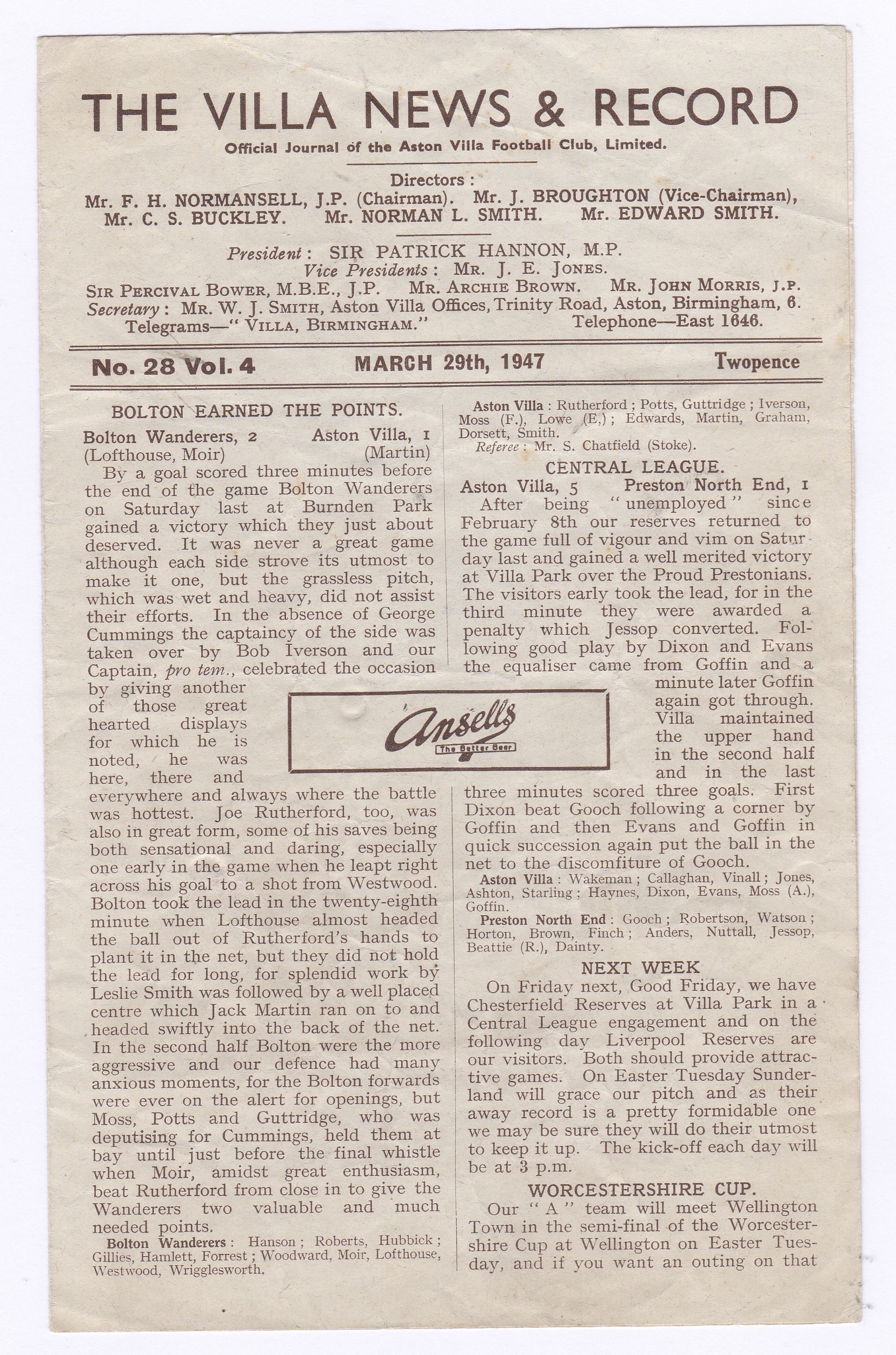 Villa News 1947 29th March League Division 1 Chelsea v Aston Villa