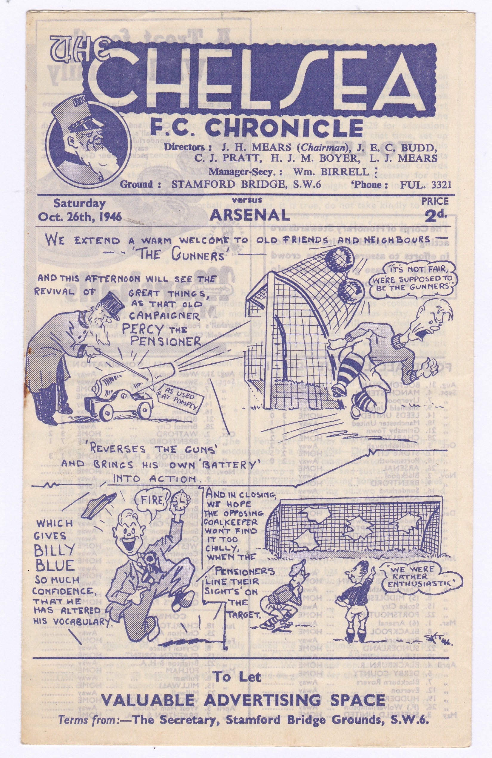 Chelsea v Arsenal 1946 26th October League Division 1 team change & score in pencil