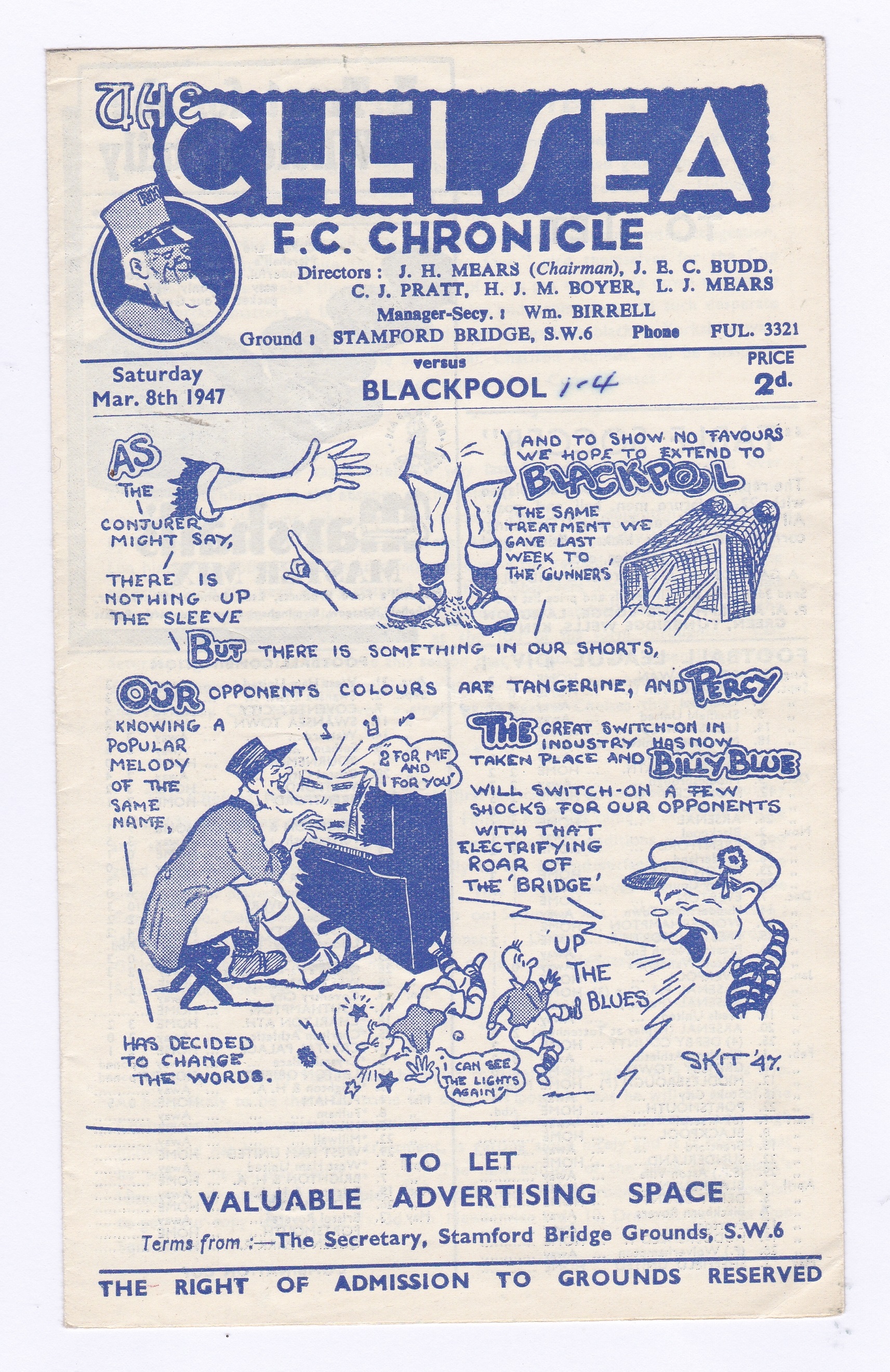 Chelsea v Blackpool 1947 8th March League Division 1 score in pen