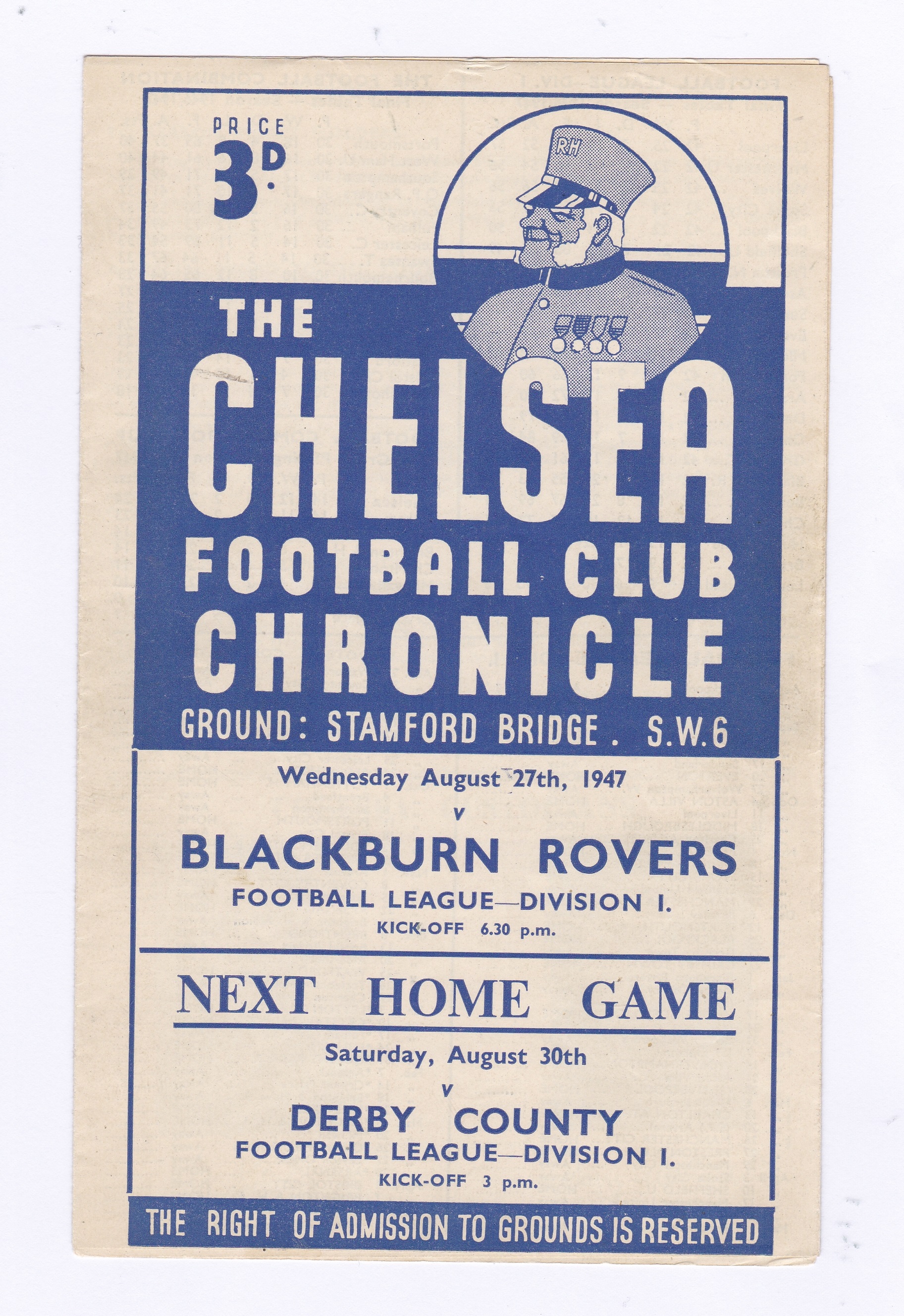 Chelsea v Blackburn Rovers 1947 27th August League Division 1 score, team change in pen