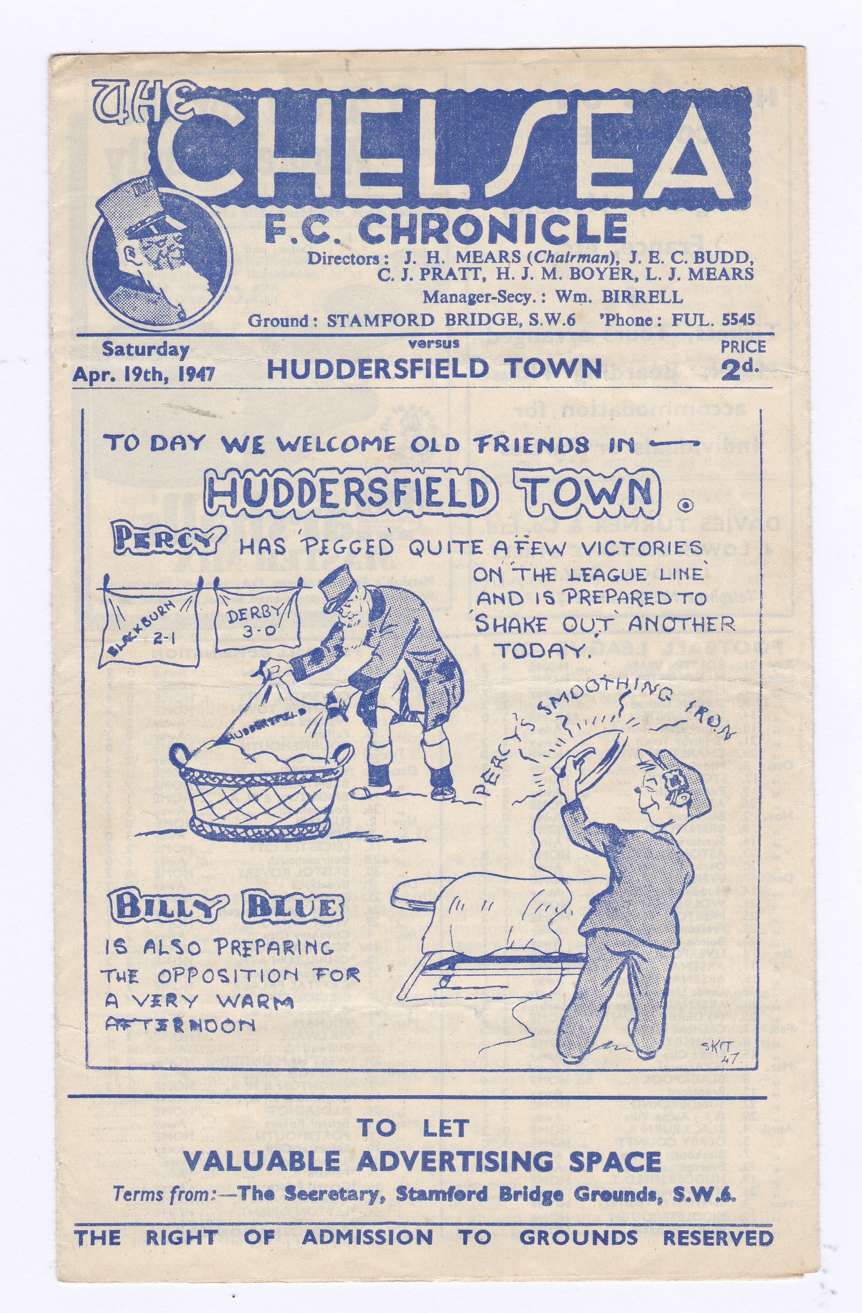 Chelsea v Huddersfield Town 1947 19th April League Division 1 horizontal crease