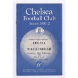 Chelsea v Middlesbrough 1952 16th February Football League Division 1 rusty staples team change in