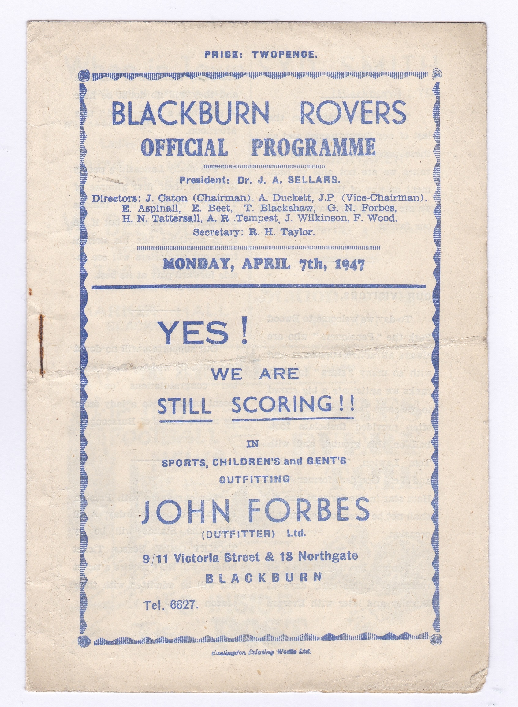 Blackburn Rovers v Chelsea 1947 7th April League Division 1 horizontal & vertical creases score,