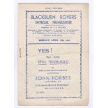 Blackburn Rovers v Chelsea 1947 7th April League Division 1 horizontal & vertical creases score,