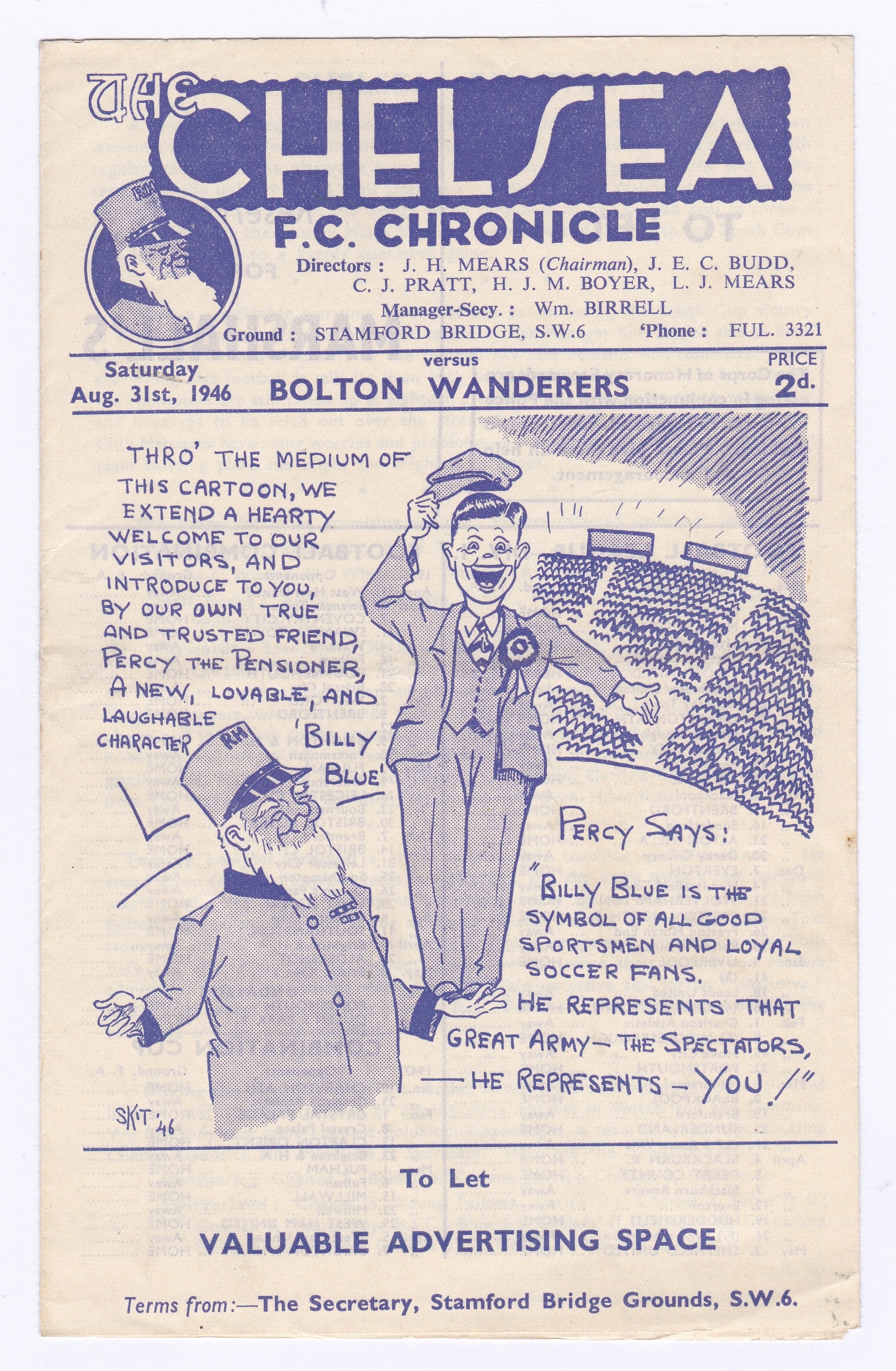 Chelsea v Bolton Wanderers 1946 31st August Football League Division 1