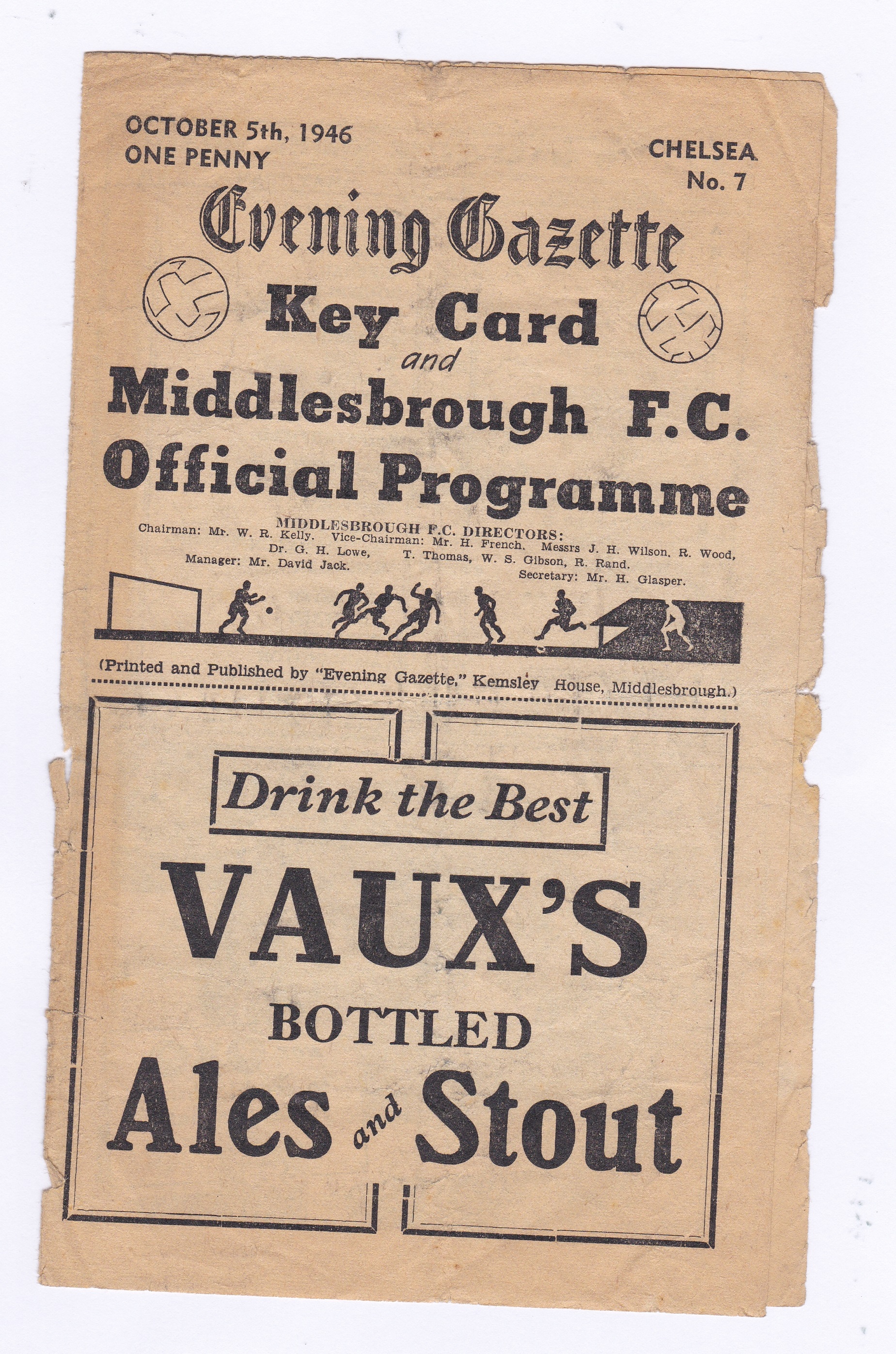 Middlesbrough v Chelsea 1946 5th October League Division 1 toned edges scruffy no staple team change