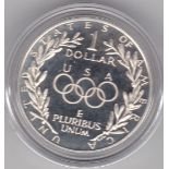 USA 1988 – Olympic Silver proof dollar, Olympic Flame, BUNC, with certificate