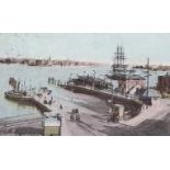 Postcards-Hants-Portsmouth Harbour early colour view, tall ship + activity, pub Milton, used