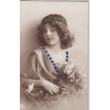 Postcards-Glamour/Novelty-An unusual postcard with blue and green jewellery-inset on a portrait of a