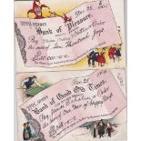 Postcards-Cheque Comic postcards 1905 used, ‘Bank of Pleasure ‘Dec 25-1906 used ‘Bank of good old