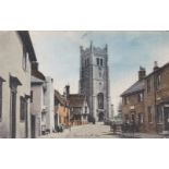 Postcards-Suffolk-Church Street Eye, colour street scene, activity used Eye 1905 squared circle