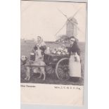 Postcards-Dog Milk Cart-early postcard, milk ladies at work (2)-Windmill behind-French card