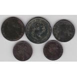 1807 George III Penny AVF, 1806 Half penny F, 1863 VF and 1876.F. Halfpennies, 1862 penny Fine (5)