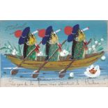 Postcards-Comic postcard-three fish, rowing a boat, all smoking! Very attractive French card
