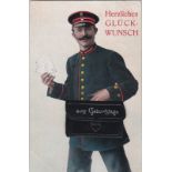 Postcards-Postman-1910 used novelty postcard uniformed Postman – Zum Geburtstage, Superb
