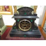 BROCOT ESCAPEMENT MANTEL CLOCK, malachite inlaid black marble temple design mantel clock, 14" height