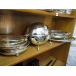 SILVER PLATE, tambour topped breakfast server, set of 4 Elkington warming dishes and other serving