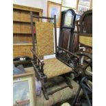 AMERICAN ROCKING CHAIR, a bobbin framed rocking chair with replacement tapestry panels