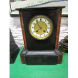 MARBLE MANTEL CLOCK, inlaid black marble plinth based mantel clock, coiled bar strike, 13.5" height