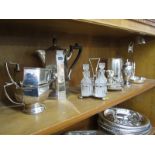 SILVER PLATE, Art Deco octagonal bodied coffee pot with matching cream jug and sucrier, cut glass