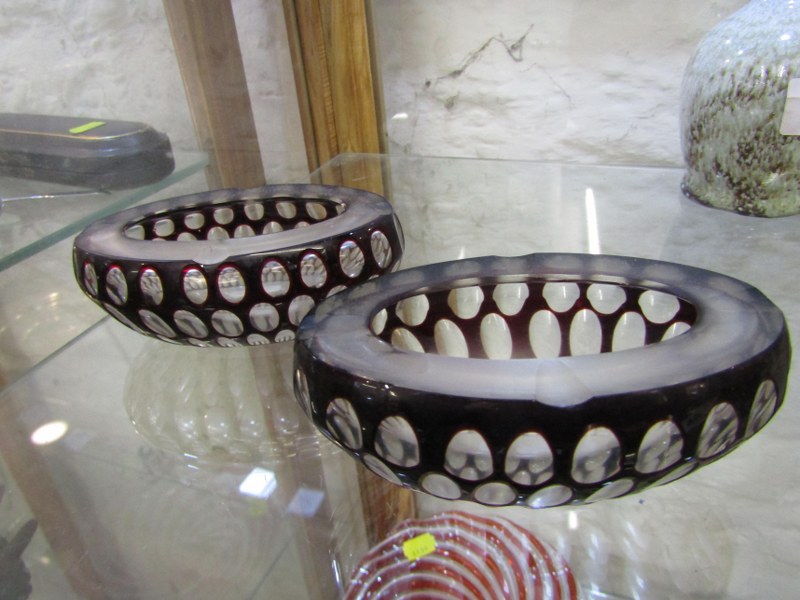 GLASSWARE, pair of ruby cased cut glass oval ash trays