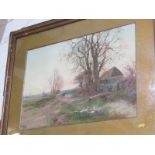 HENRY CHARLES FOX, signed watercolour, "Country Lane with Ducks to foreground", 14.5" x 20"