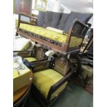 BERGERE LOUNGE SUITE, 3 piece pierced and carved framed twin seater settee with pair of matching