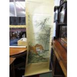 ORIENTAL PAINTED SIGNED SCROLL, Japanese scroll painting of 2 tigers drinking