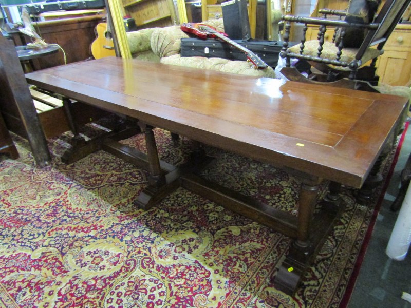 OAK REFECTORY TABLE, large heavy oak planked refectory dining table, 97" x 33" on turned supports