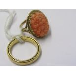 2 GOLD RINGS, 1 x 9ct gold coral set ring with floral decoration - approx. 5 grams and a 18ct gold