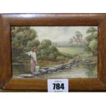 MINIATURE WATERCOLOUR, "Young Lady fetching water across stepping stones", 3" x 5"