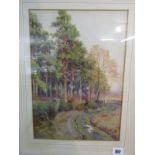 MARY S HAGARTY, signed watercolour, "Game Keeper and his Dog on Woodland Path", 13.5" x 9.5"