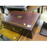 CUTLERY BOX; A mahogany and inlaid cutlery box with rising top and lower drawer, 16"