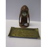 ART NOUVEAU, copper Continetal design mantel clock depicting cherub swinging on clock weights, 9"