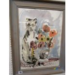 LYDIA CORBETT, signed watercolour and ink wash, "Seated Cat with Vase of Flowers", 19" x 13"