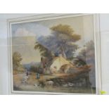 19TH CENTURY ENGLISH SCHOOL, indistinctly signed water colour "Farmstead with duck pond" 13" x 18"